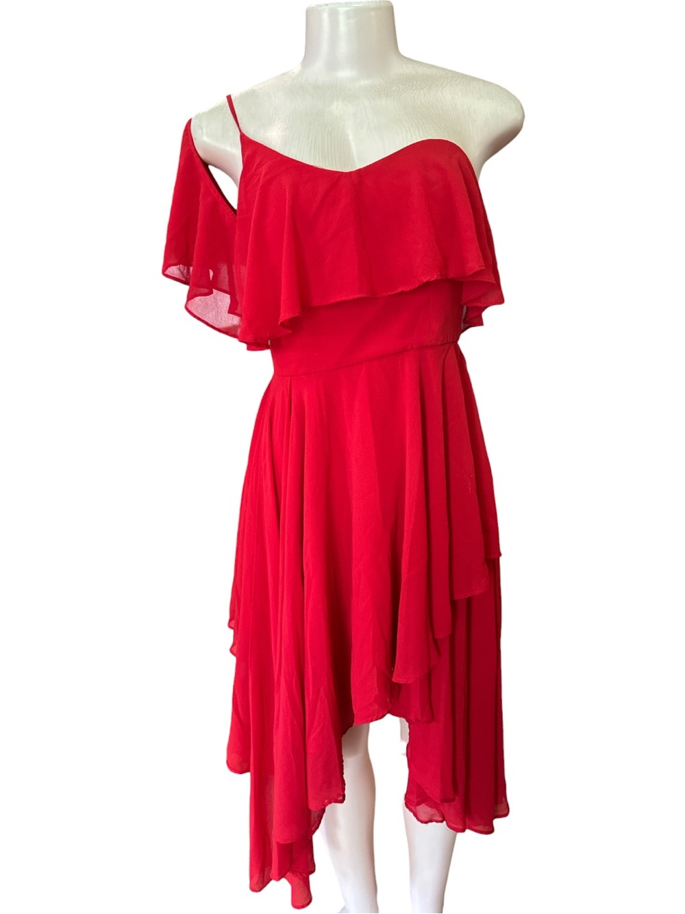 Keepsake the Label Red One Shoulder Ruffle High Low Dress S